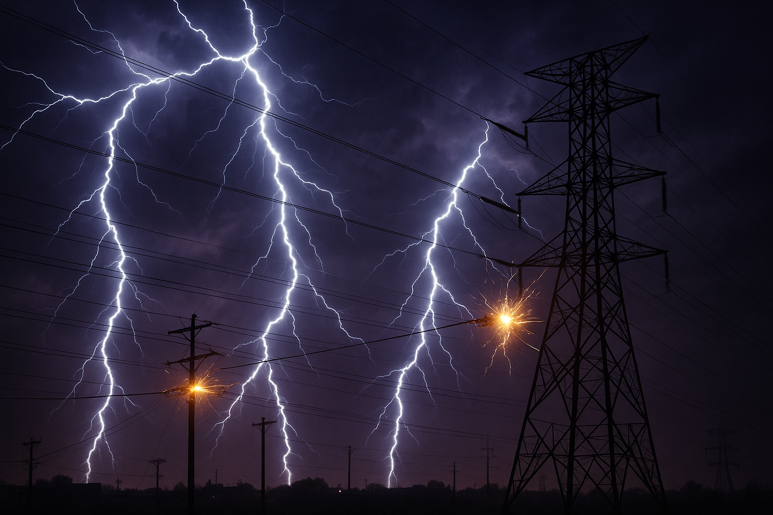lightning strike hitting power lines during storm