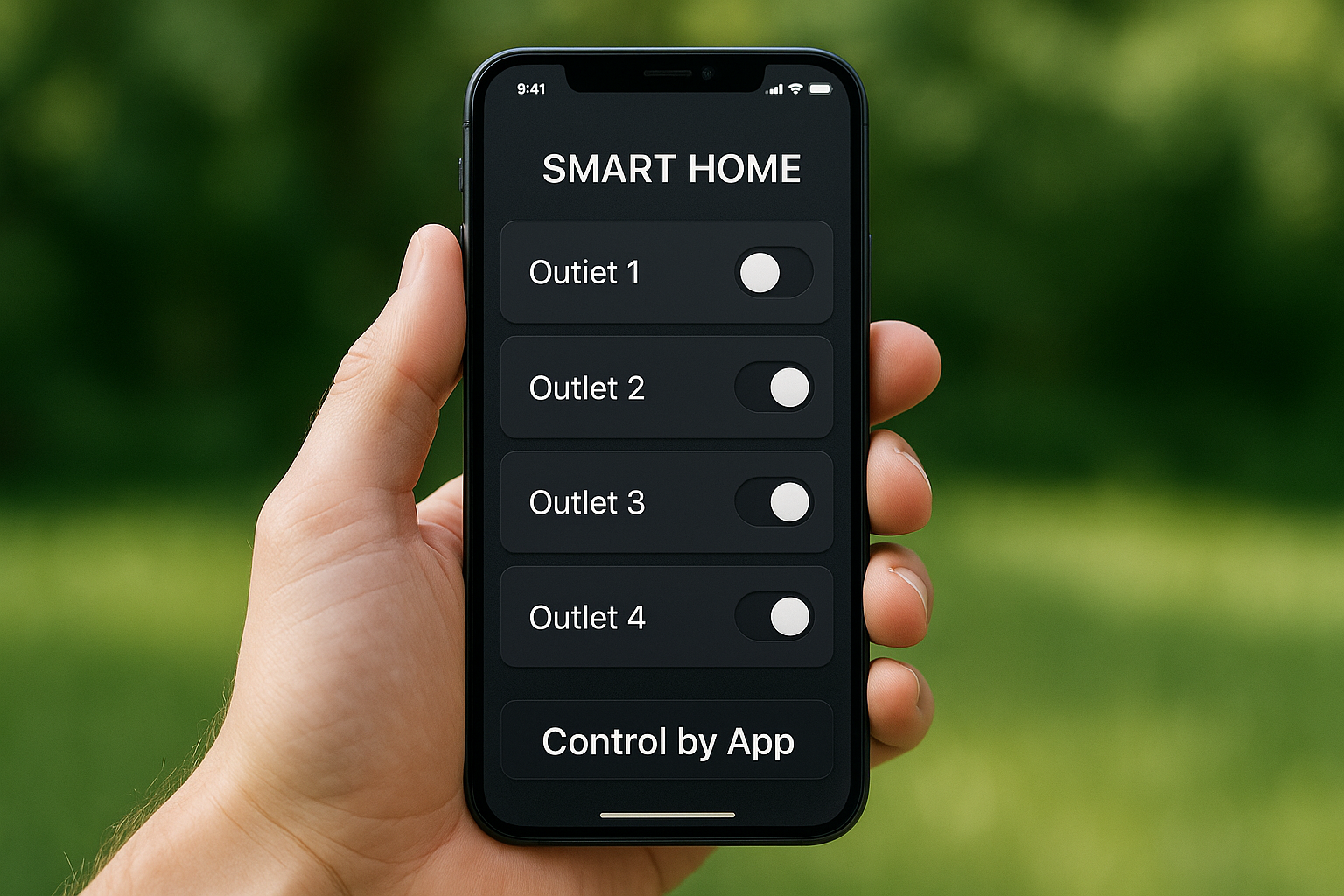 Modern smart surge protector with LED display connected to smartphone showing app interface