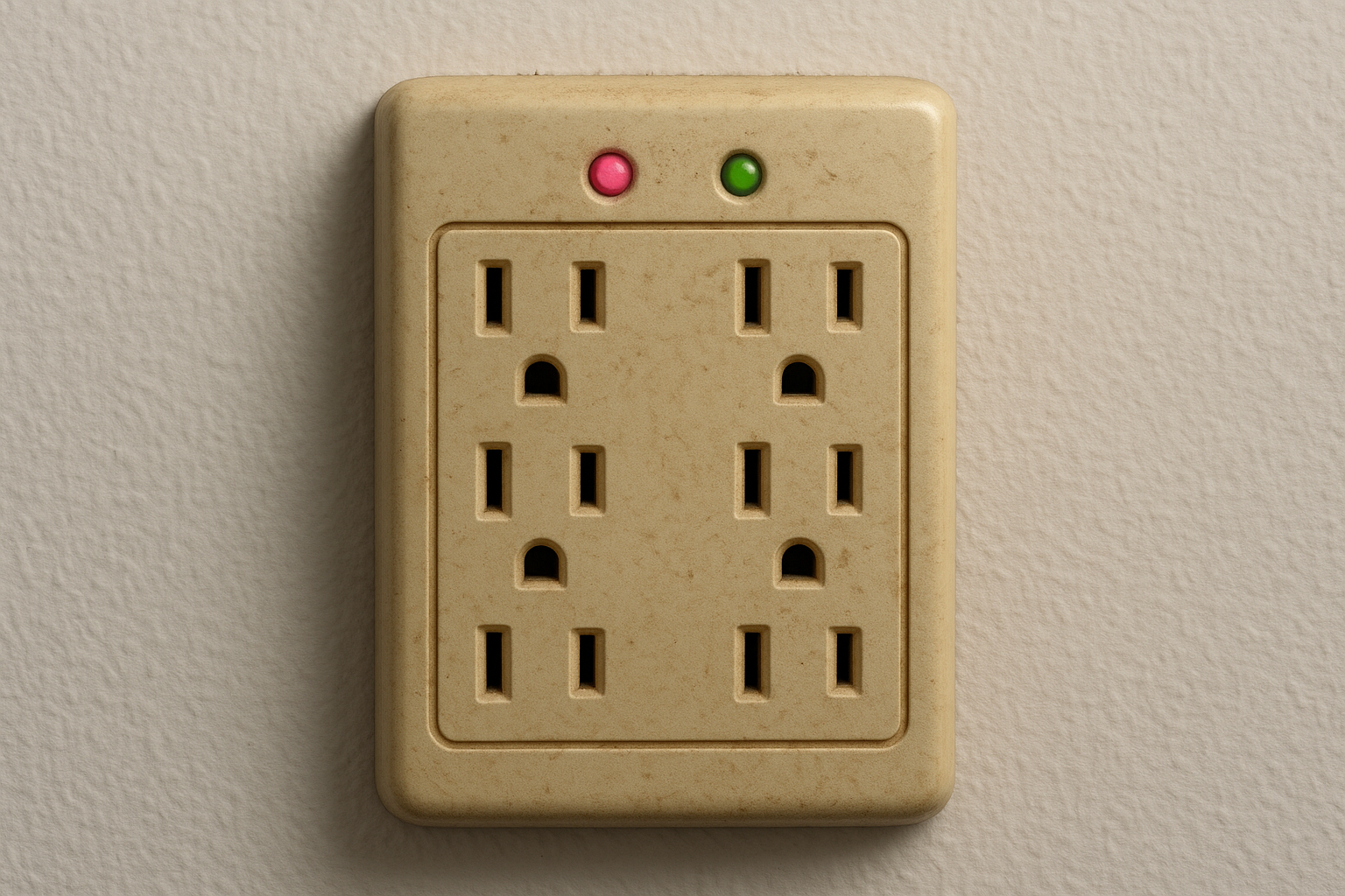 Old surge protector with dim warning lights next to calendar showing replacement dates