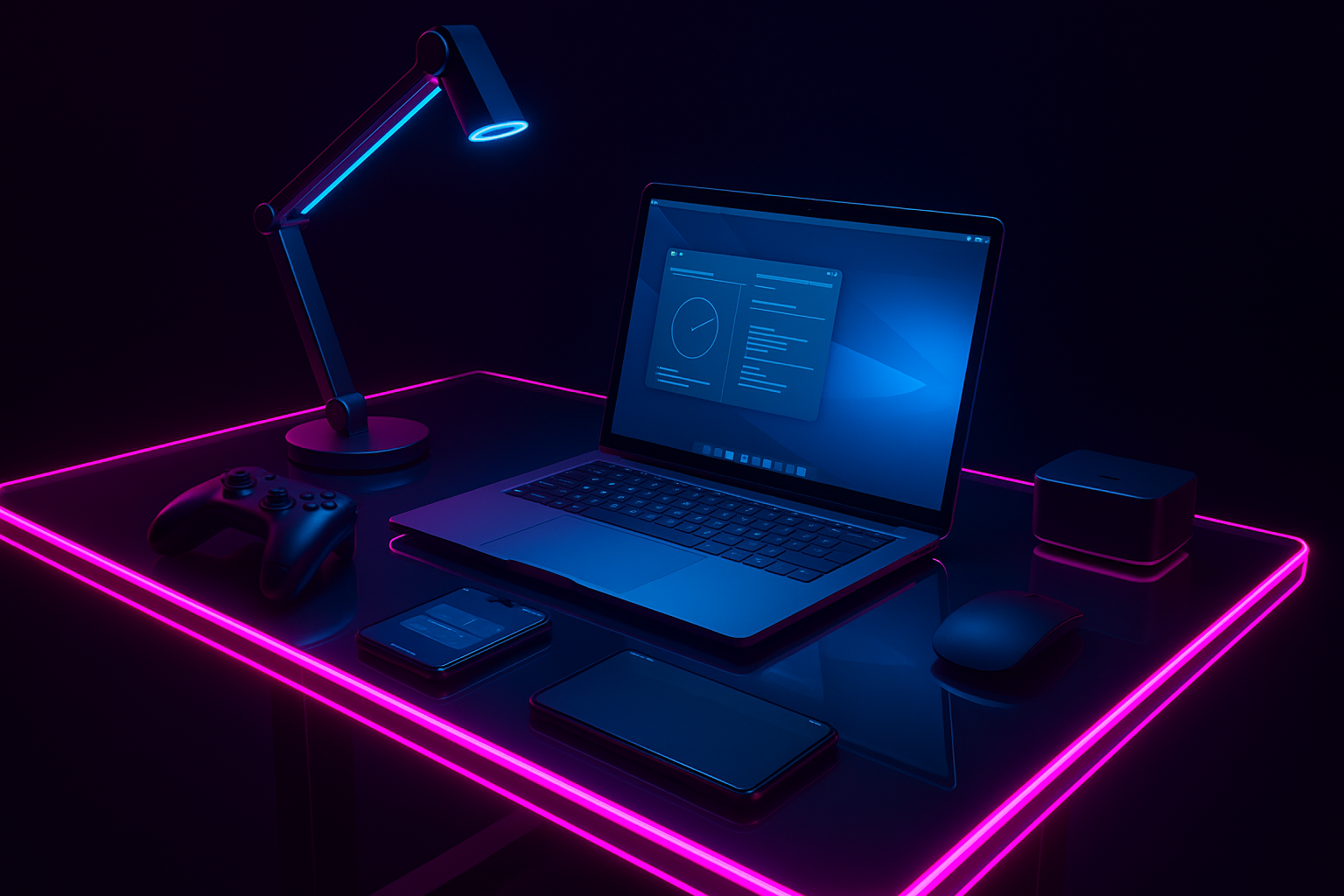 Futuristic electronics and devices arranged on a modern desk with glowing elements