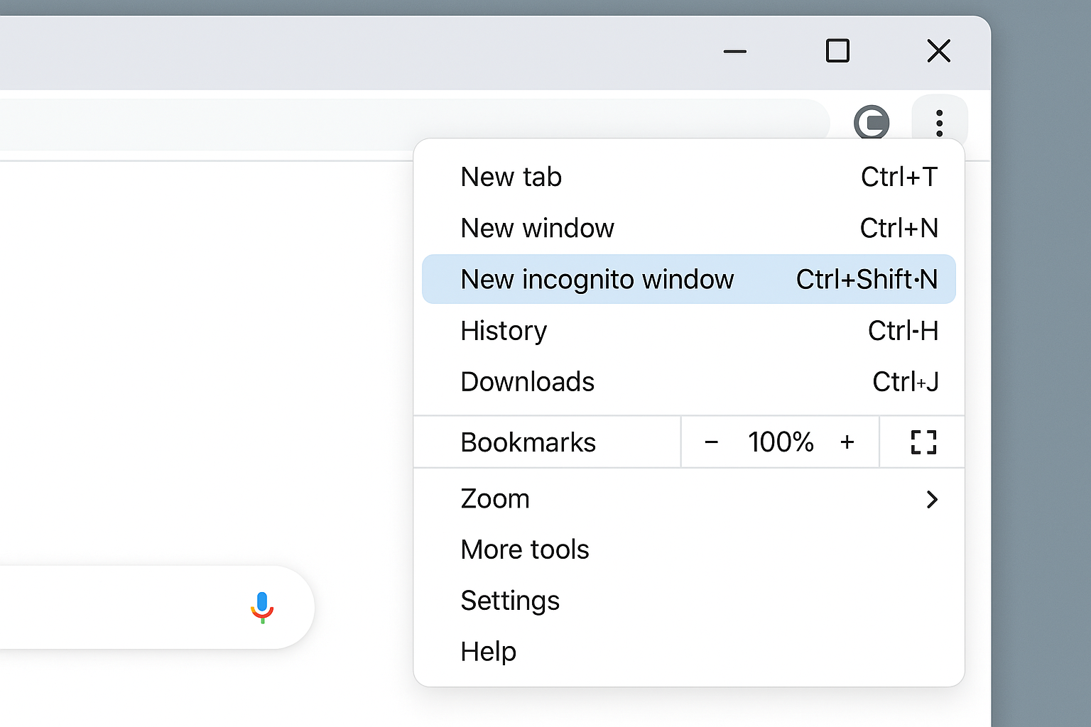 Chrome three-dot menu with New incognito window option highlighted