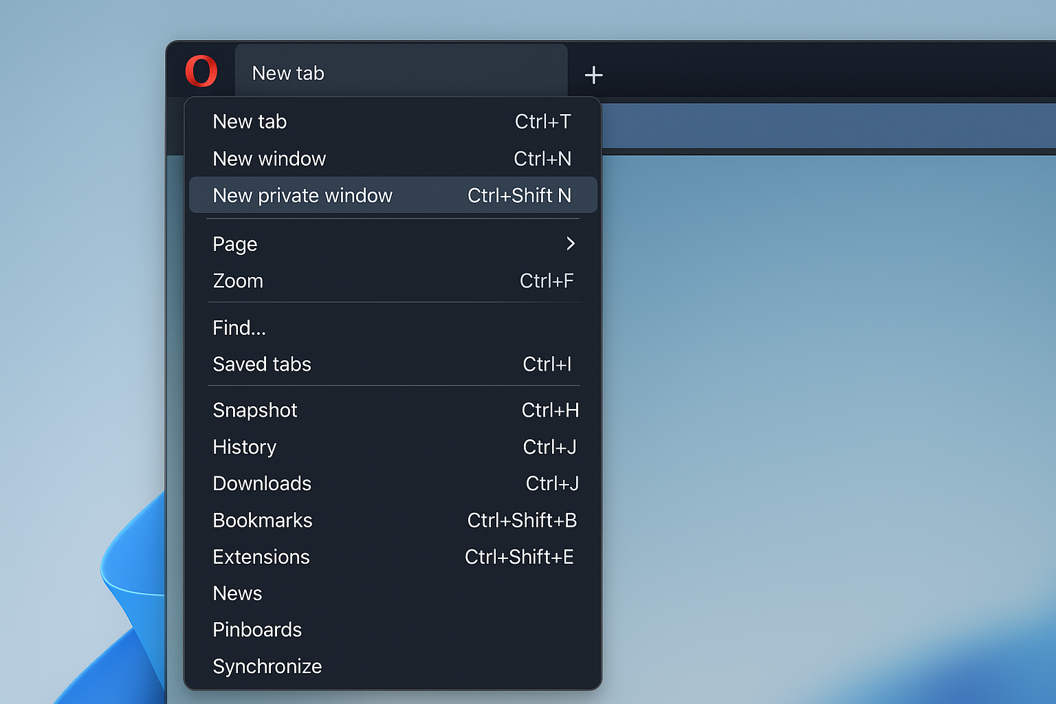 Opera menu with New private window option highlighted