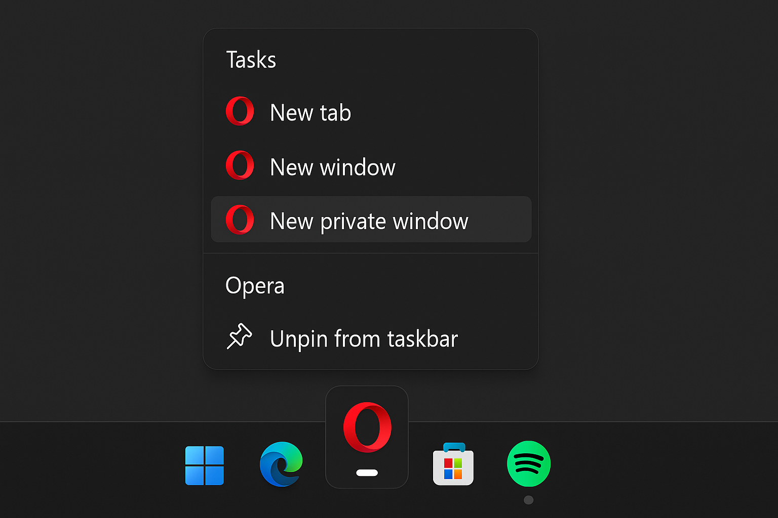 Windows taskbar with Opera right-click menu showing New private window option