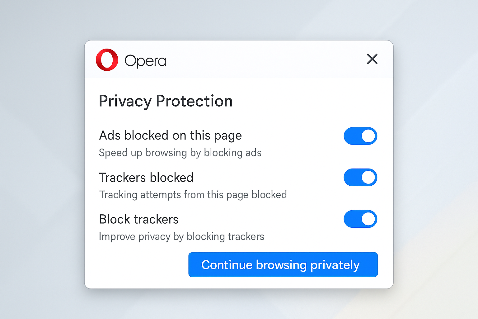 Opera private window with lock icons on tabs and privacy confirmation message