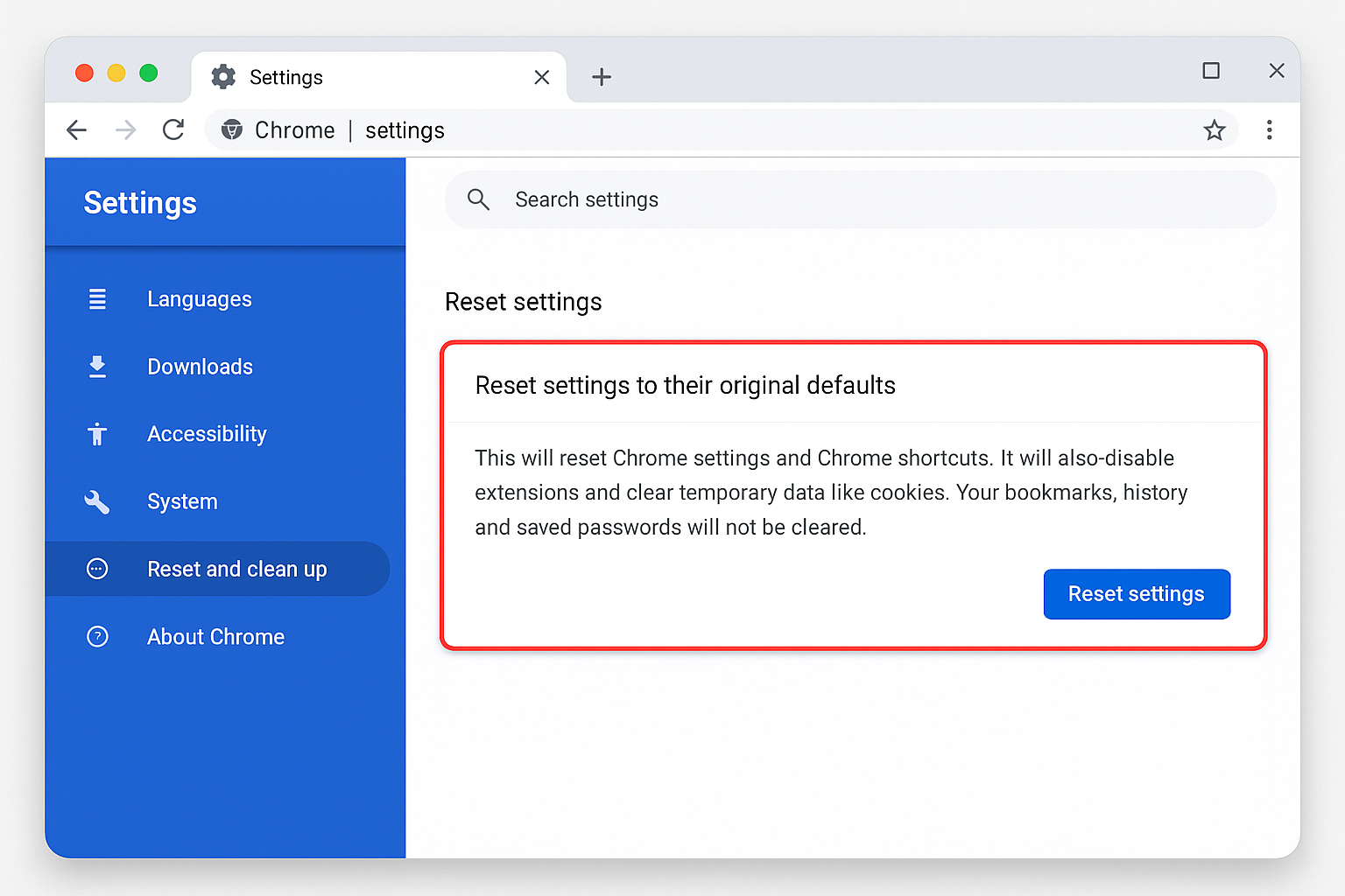 Chrome reset settings page with restore defaults button highlighted