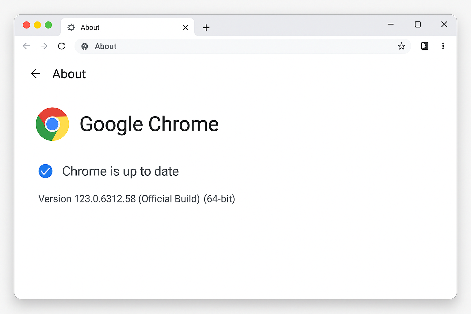 Chrome about page showing current version and "Chrome is up to date" message