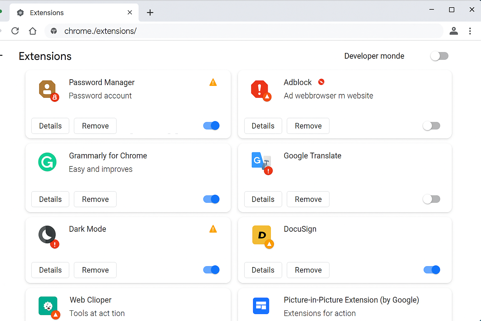 Chrome extensions page showing mix of enabled and disabled extensions with some showing error states