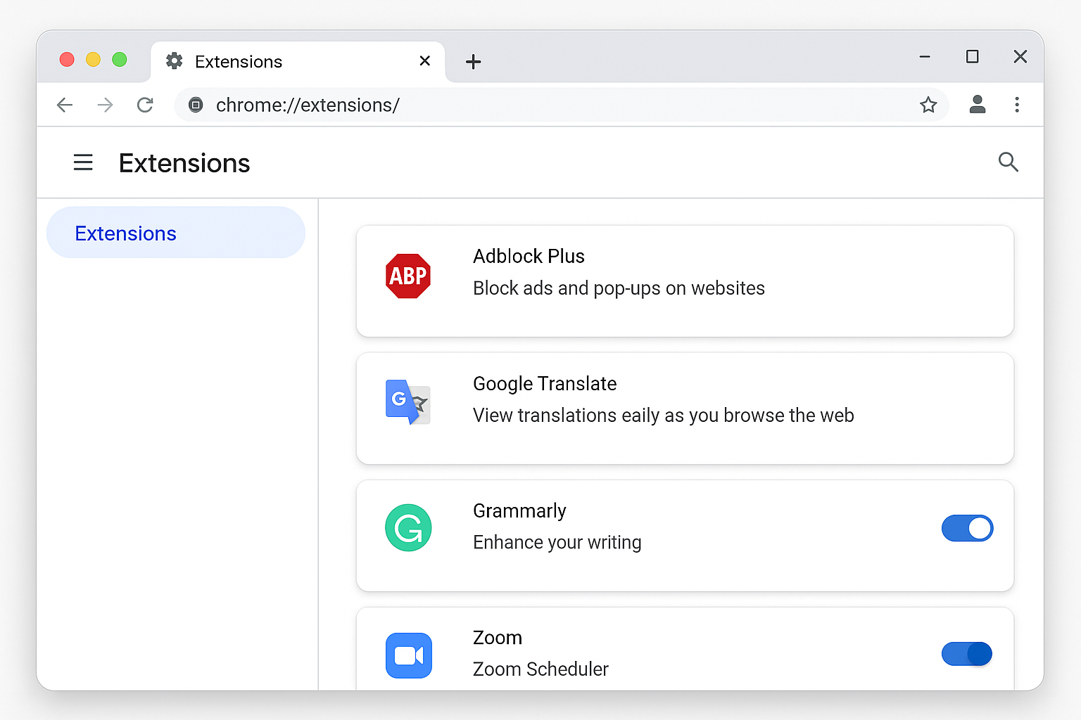 Chrome extensions page with toggle switch highlighted for a specific extension