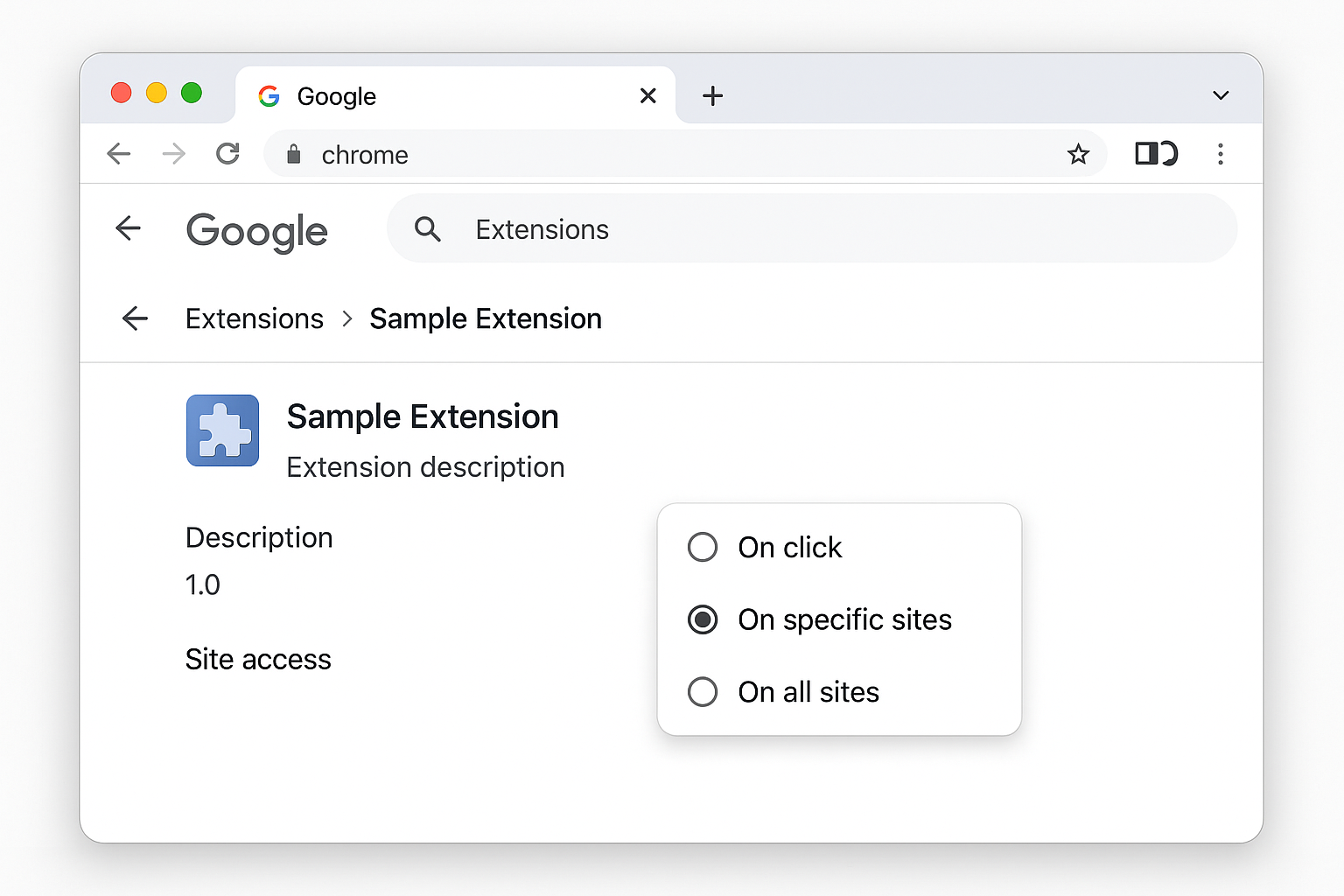 Extension details page showing Site access permissions with dropdown menu options