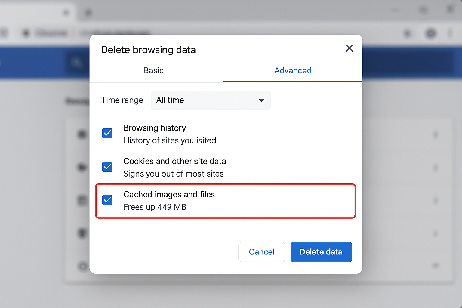 Chrome clear browsing data dialog with time range and cached files option highlighted