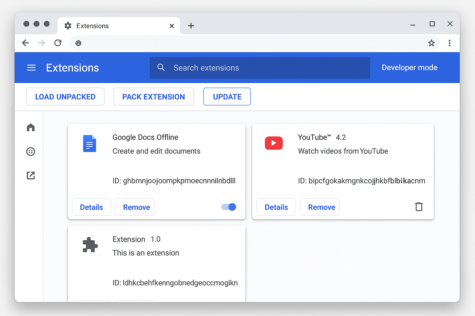 Chrome extensions page with Developer mode enabled showing Update button