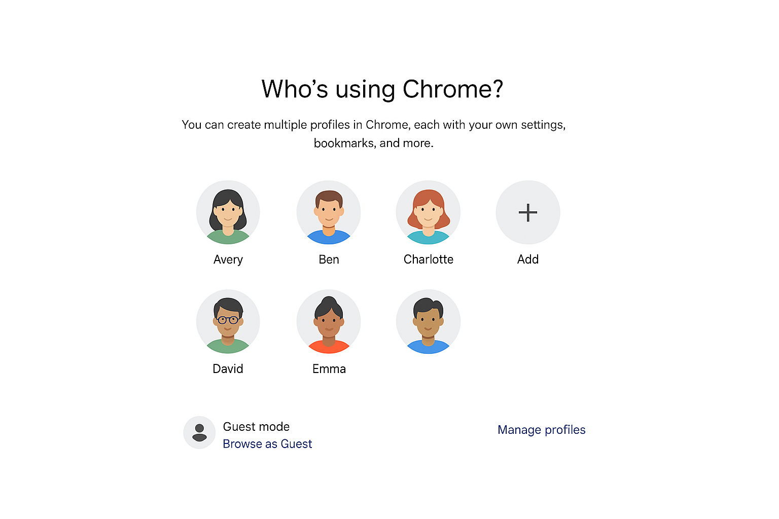 Chrome profile management page showing Add person button and existing profiles