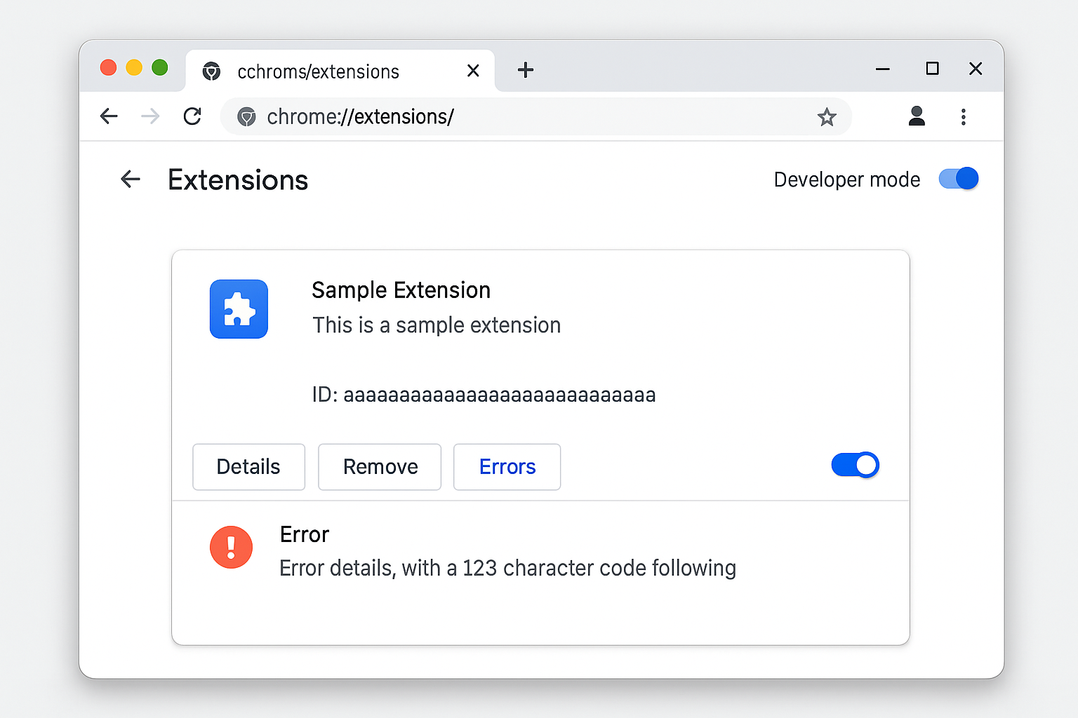 Chrome extensions page with Developer mode showing error console for a broken extension