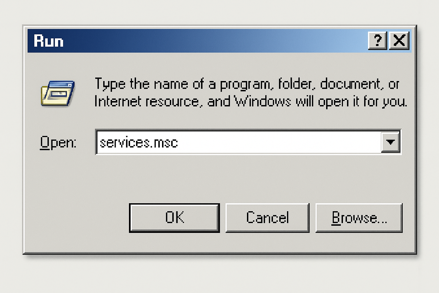 Windows Run dialog with services.msc typed in the text field