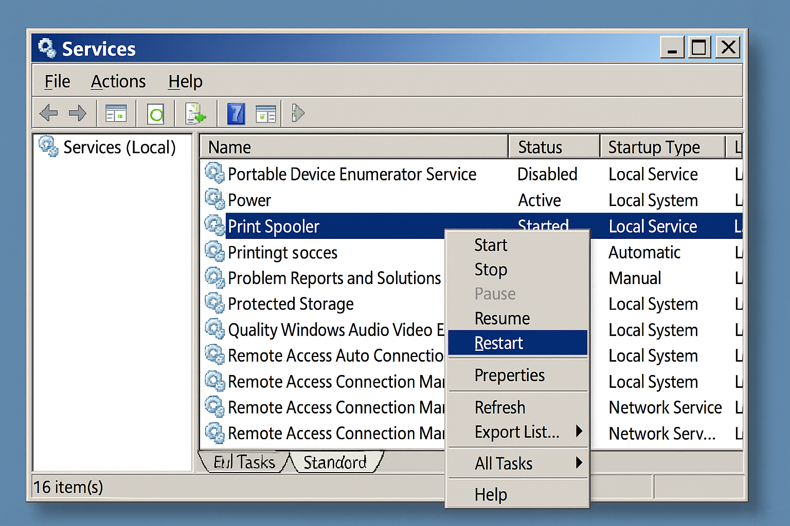 Windows Services window with Print Spooler service highlighted and context menu showing Restart option