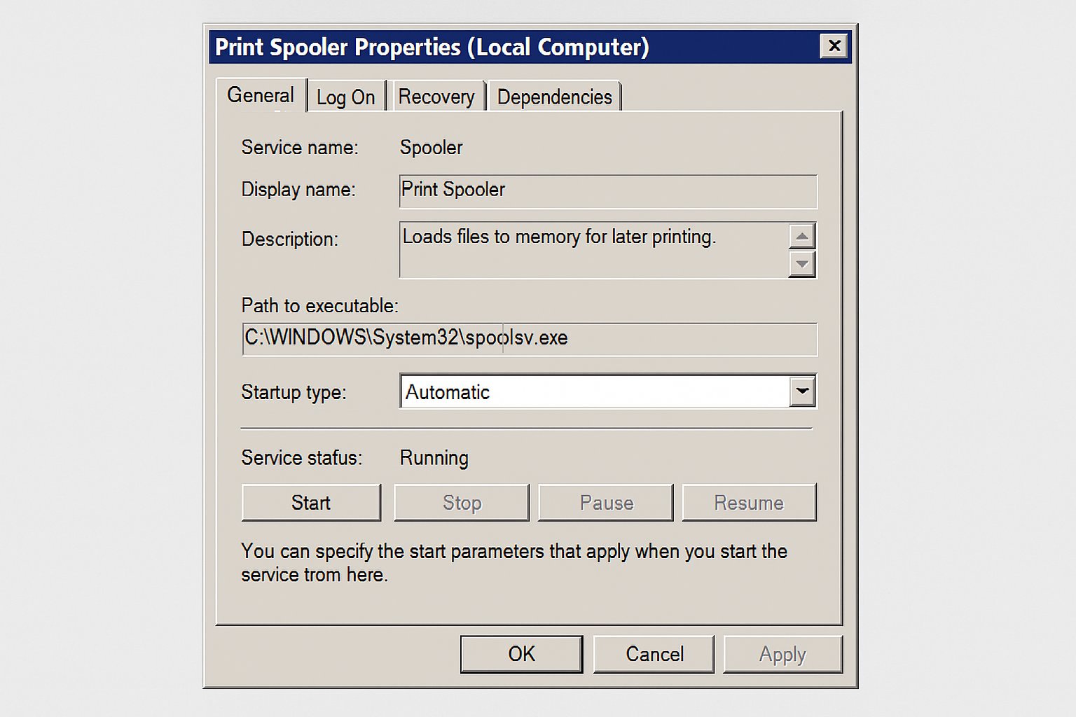 Print Spooler Properties dialog with Startup type dropdown set to Automatic