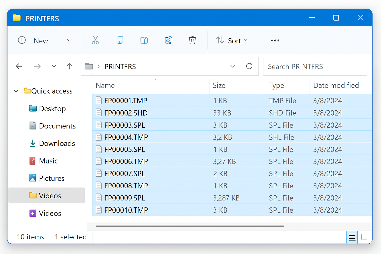 File Explorer showing PRINTERS folder with several files selected for deletion