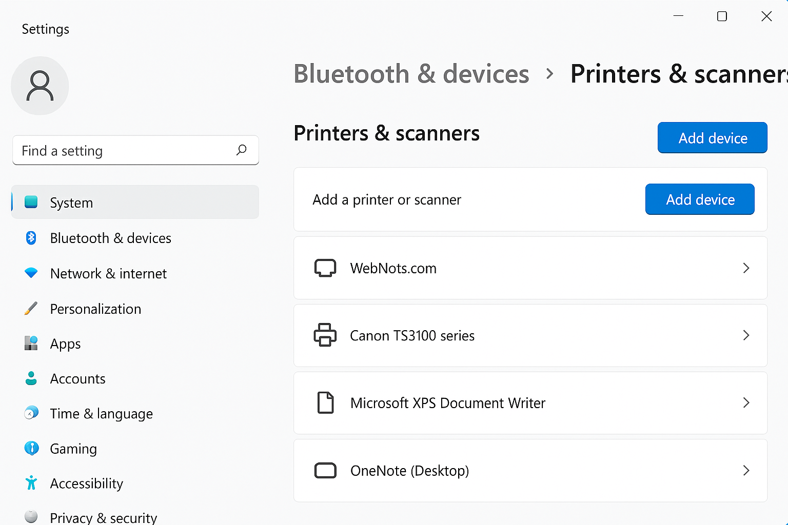 Windows 11 Settings showing Bluetooth & devices > Printers & scanners page
