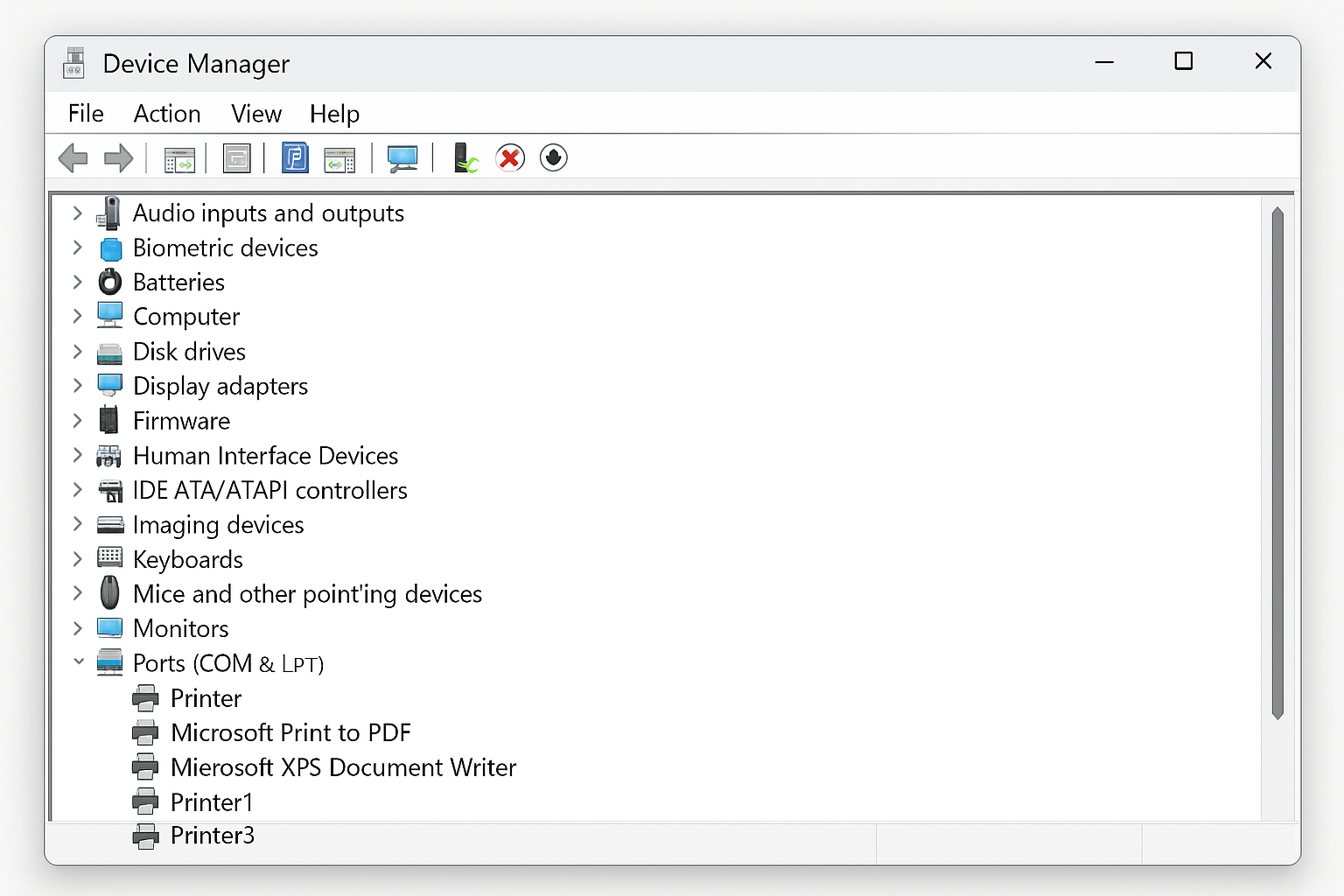 Device Manager with Print queues section expanded showing installed printers