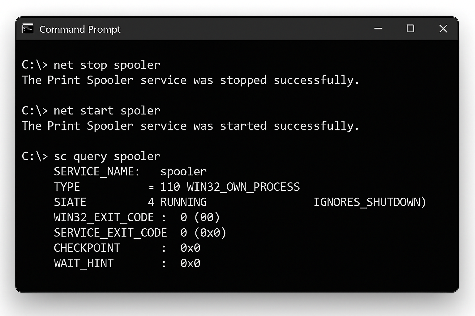 Command Prompt window showing the three commands being executed with success messages