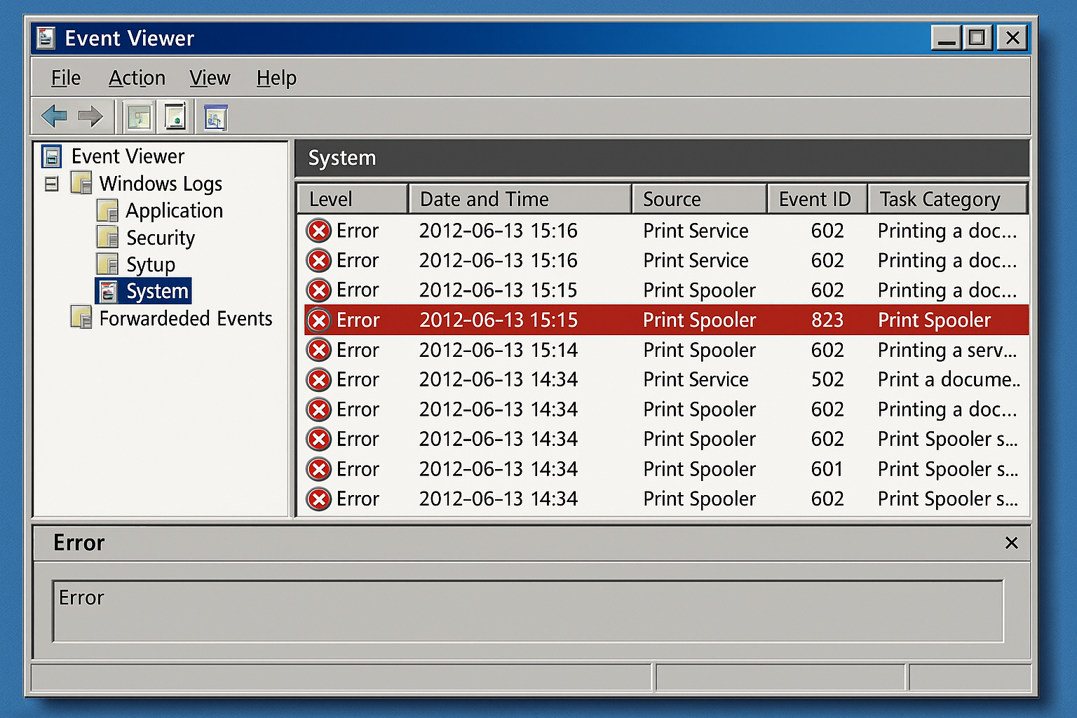 Event Viewer showing System log with Error events related to Print Spooler service highlighted