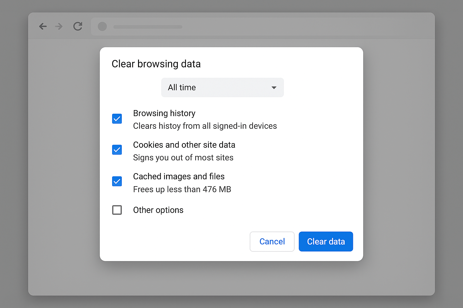 Chrome clear browsing data dialog with cache and cookies options selected