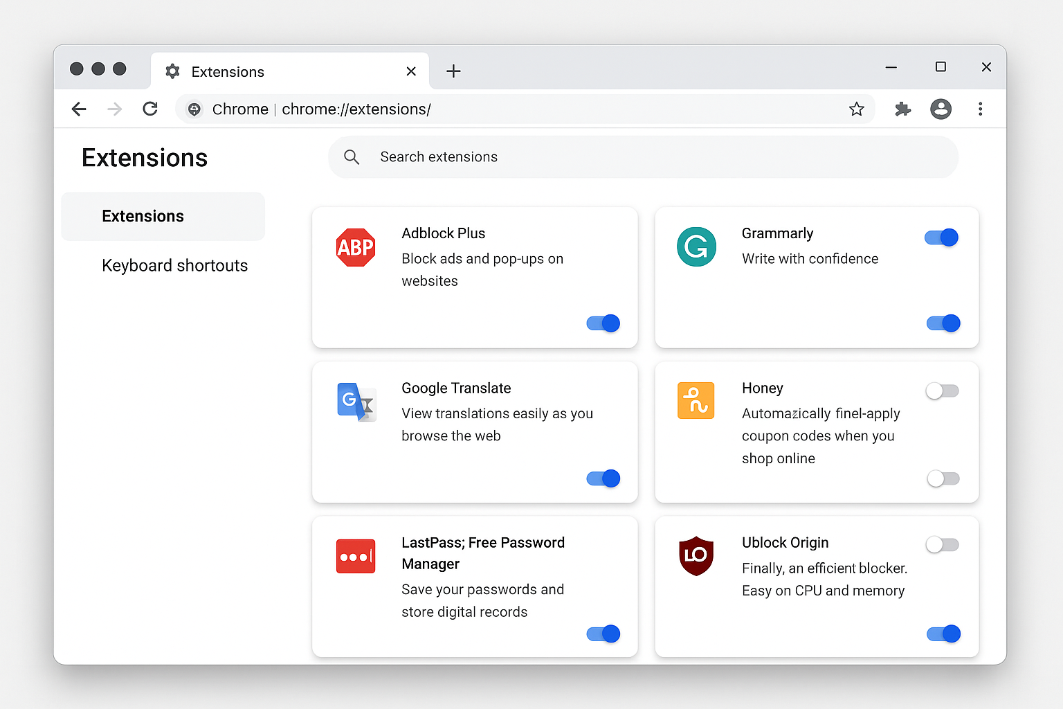 Chrome extensions management page showing installed extensions with toggle switches