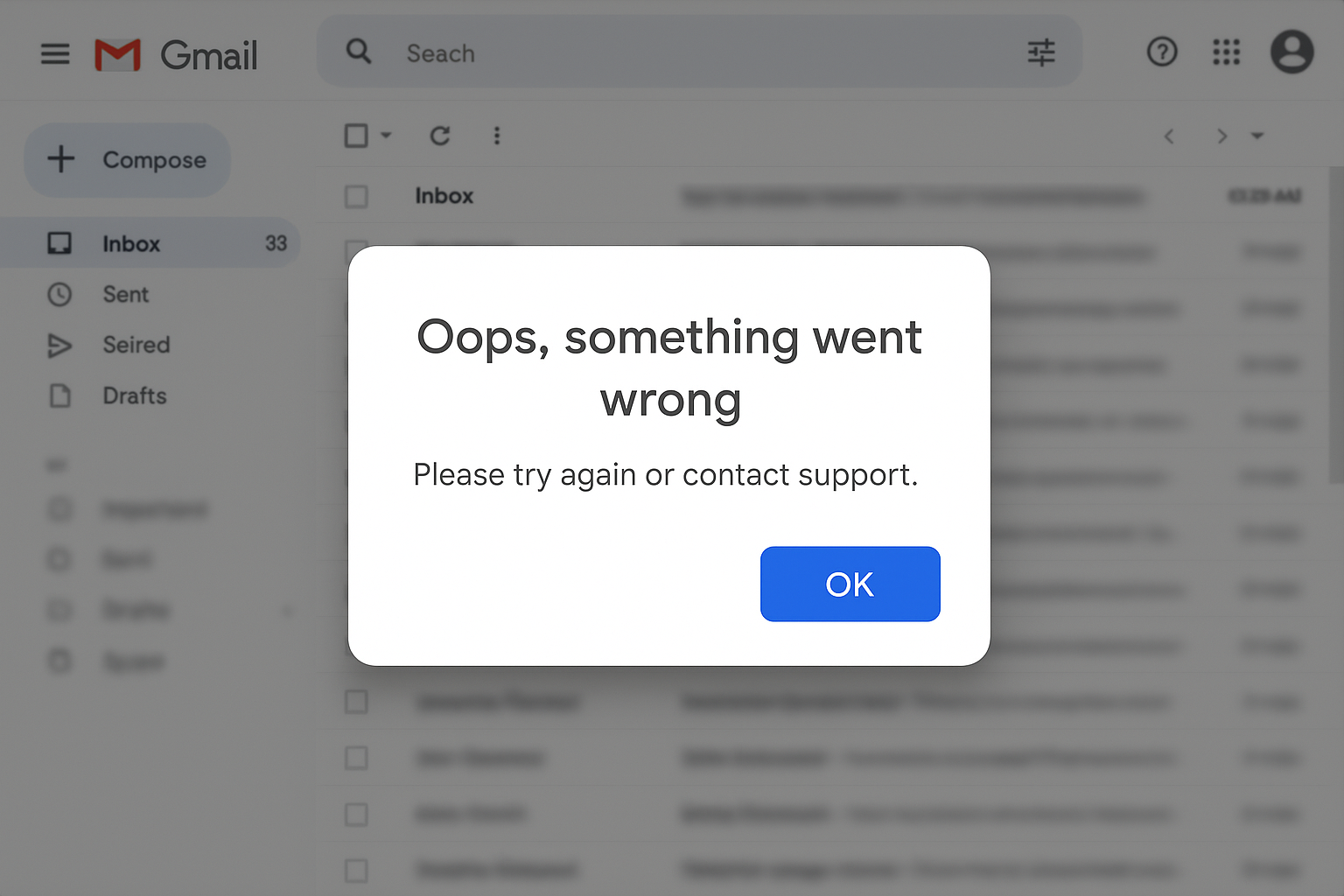 Gmail error page showing "Oops, something went wrong" message