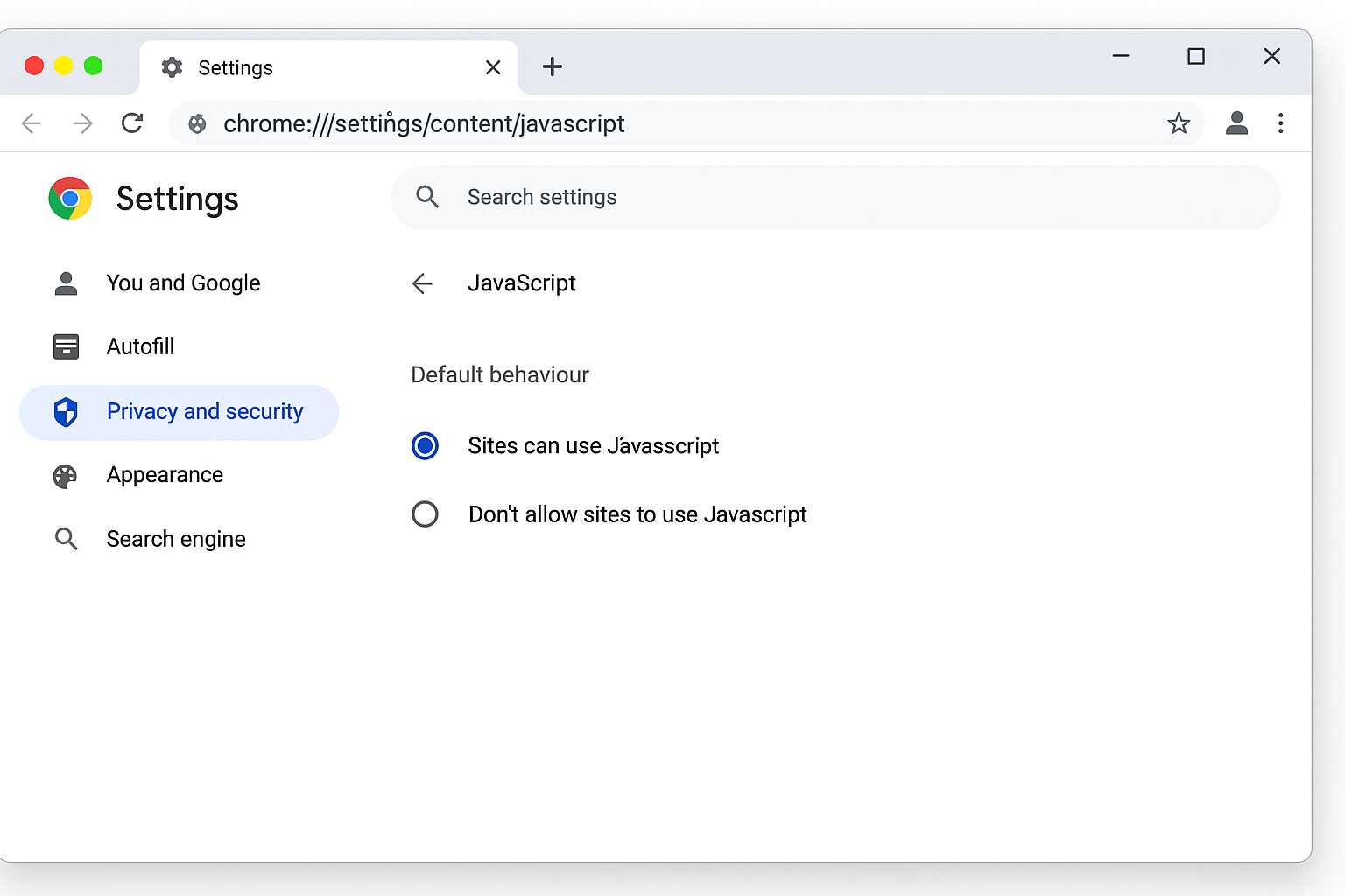 Chrome JavaScript settings page with enable/disable options