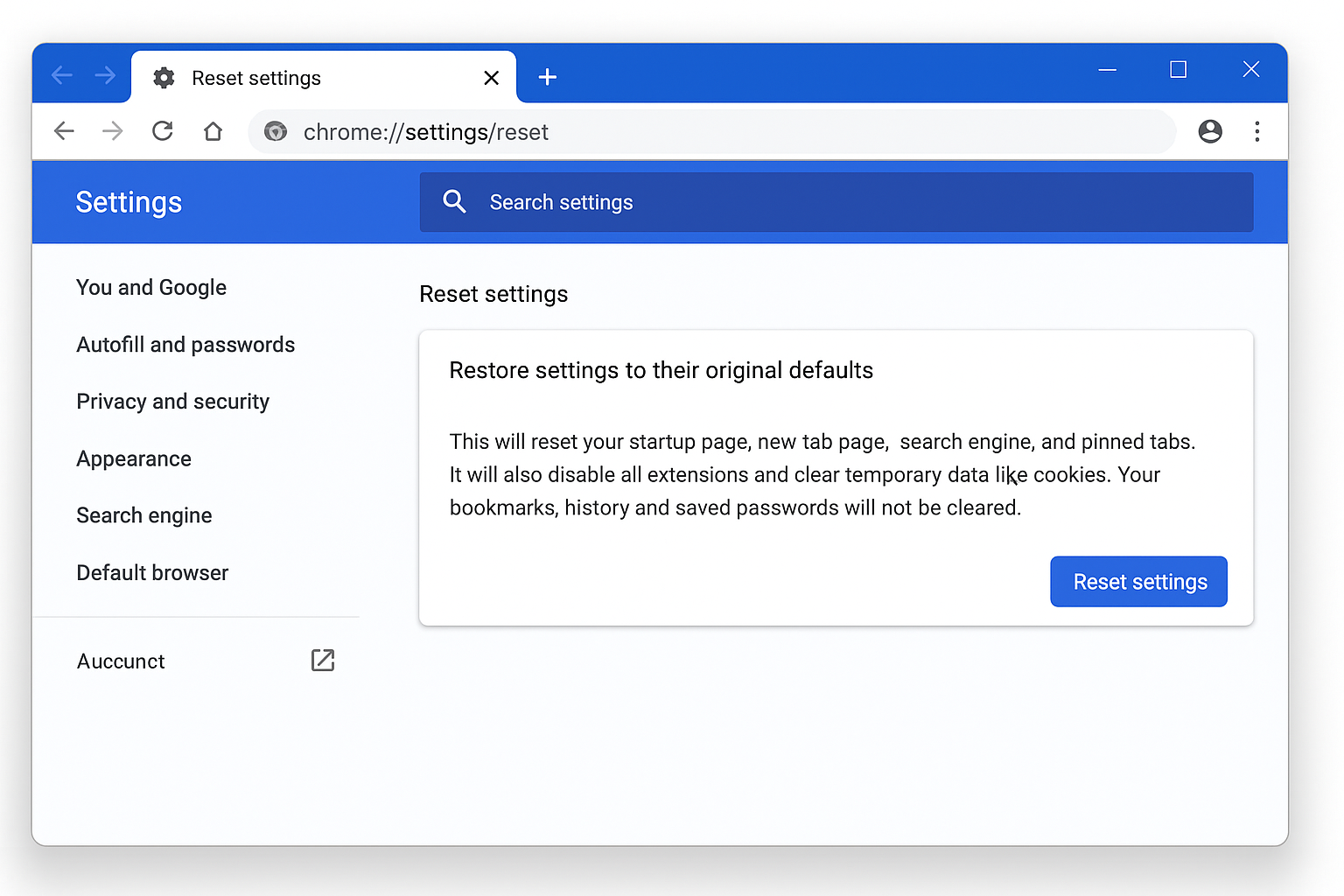 Chrome reset settings page with restore defaults option