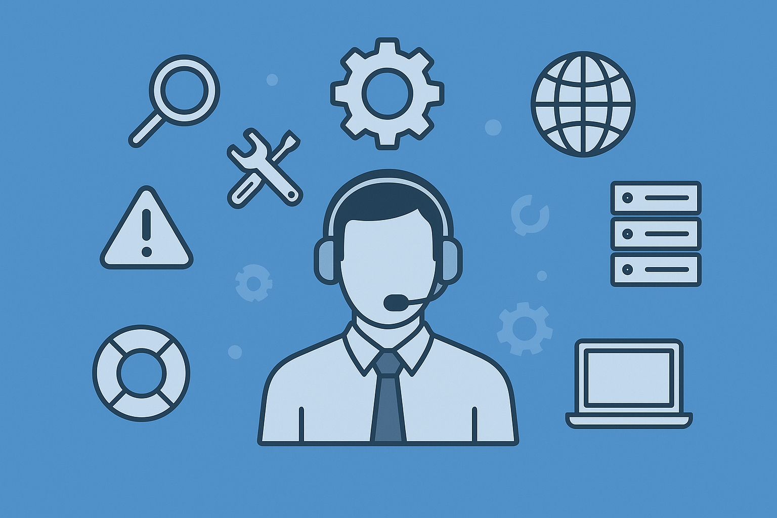 Person reaching out for assistance with computer support symbols around them