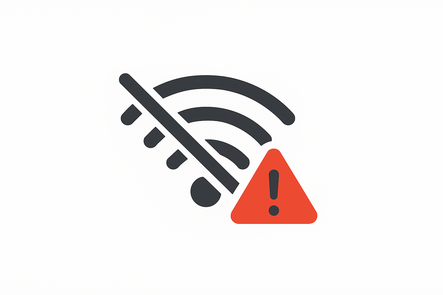 Broken wifi signal or disconnected ethernet cable with warning symbols