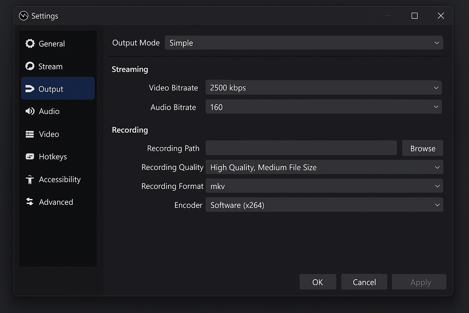 OBS Studio Output settings with recording format and audio bitrate options