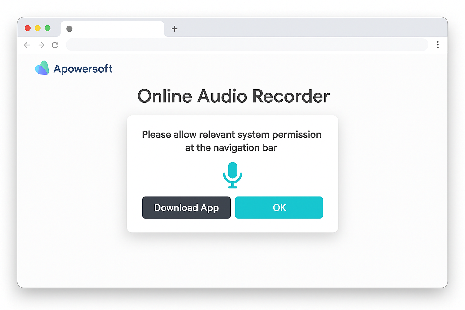 Apowersoft online audio recorder interface with Start Recording button and permission prompts