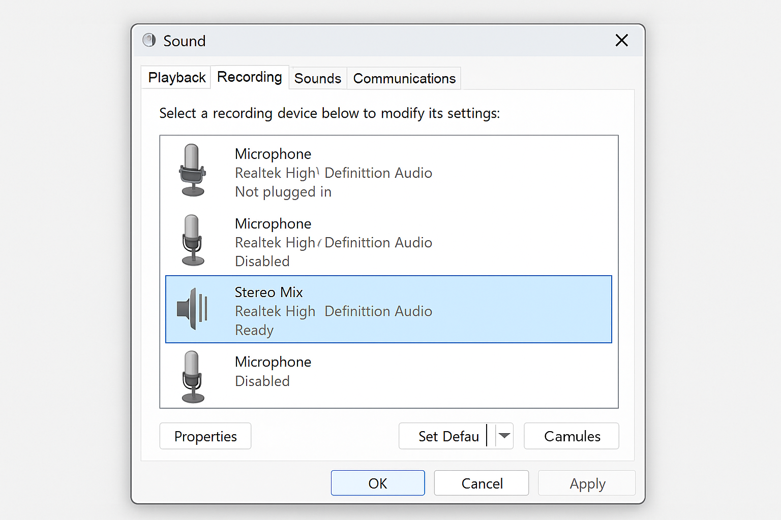 Windows 11 Sound Control Panel Recording tab with Stereo Mix being enabled