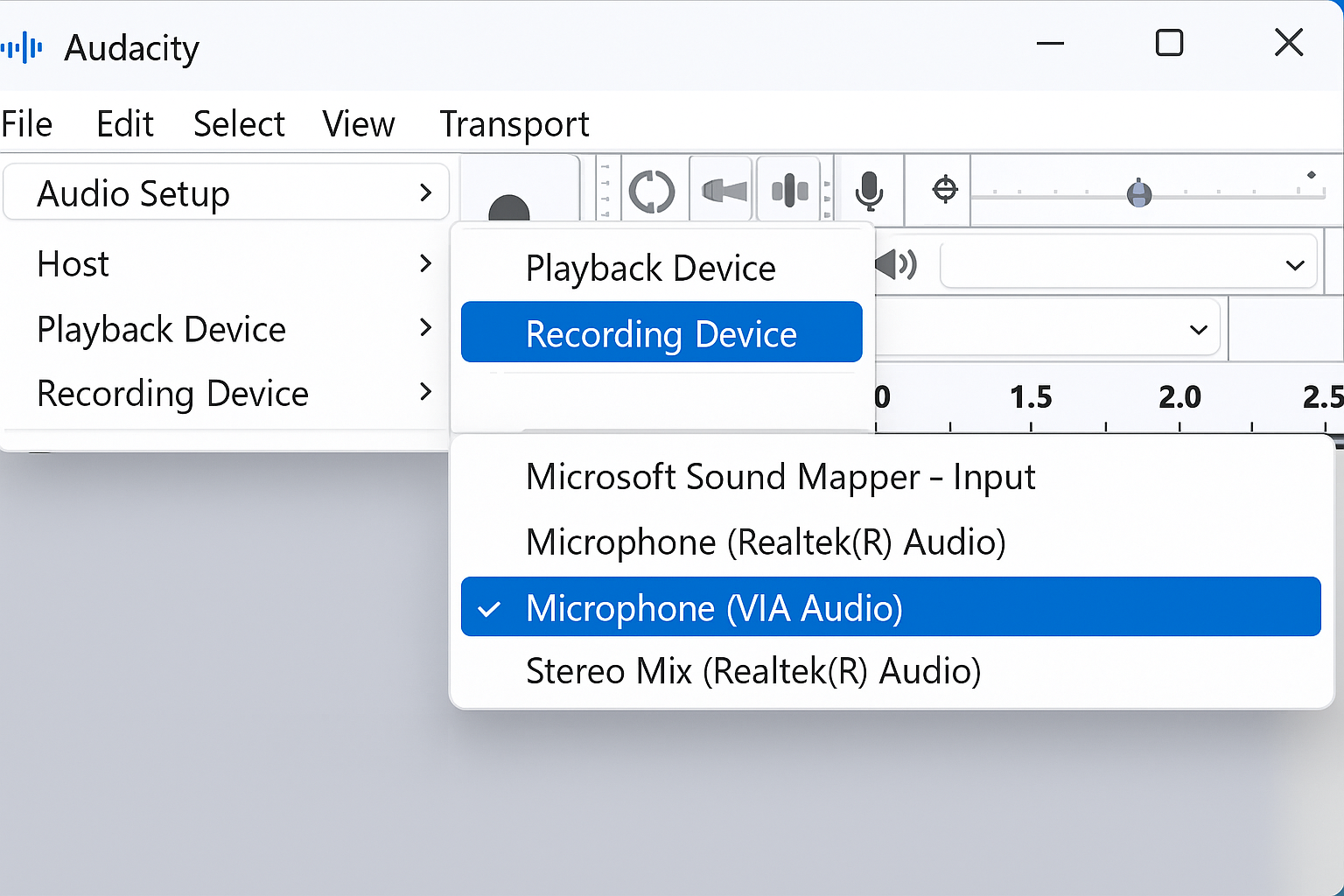 Audacity Audio Setup menu with recording device dropdown showing Stereo Mix option
