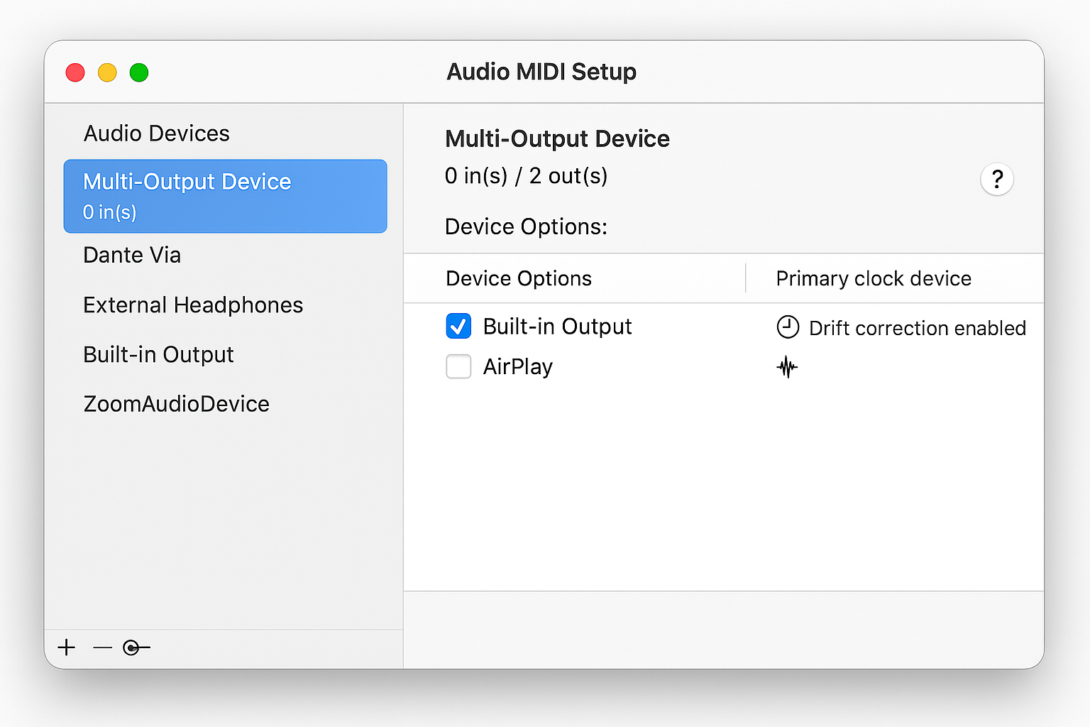 Audio MIDI Setup showing Multi-Output Device creation with built-in output selected