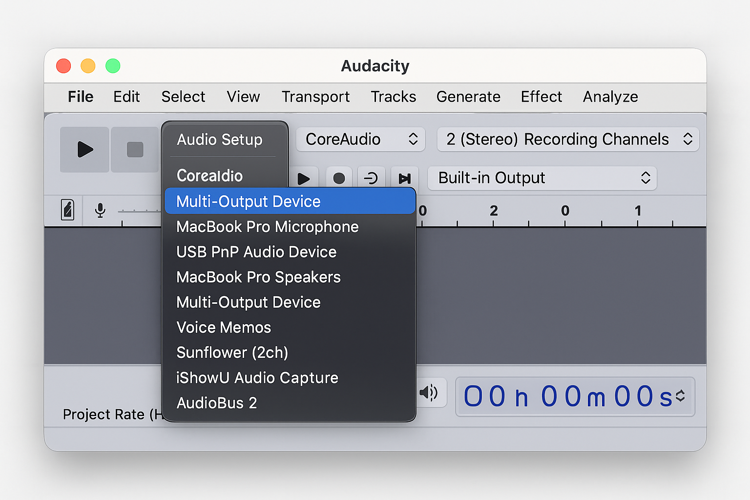 Audacity Audio Setup on macOS with Multi-Output Device selected as recording source