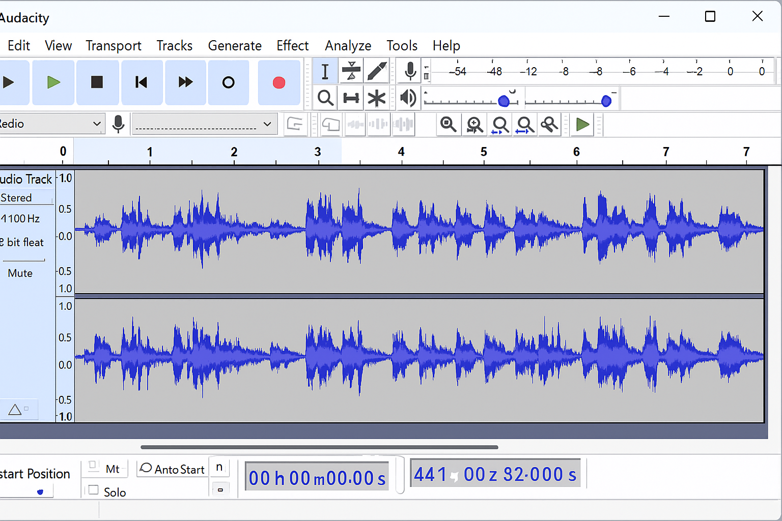 Audacity main interface showing active recording with audio waveforms visible