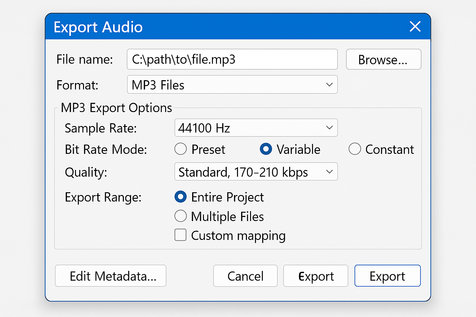 Audacity Export Audio dialog with MP3 format selected and export options visible