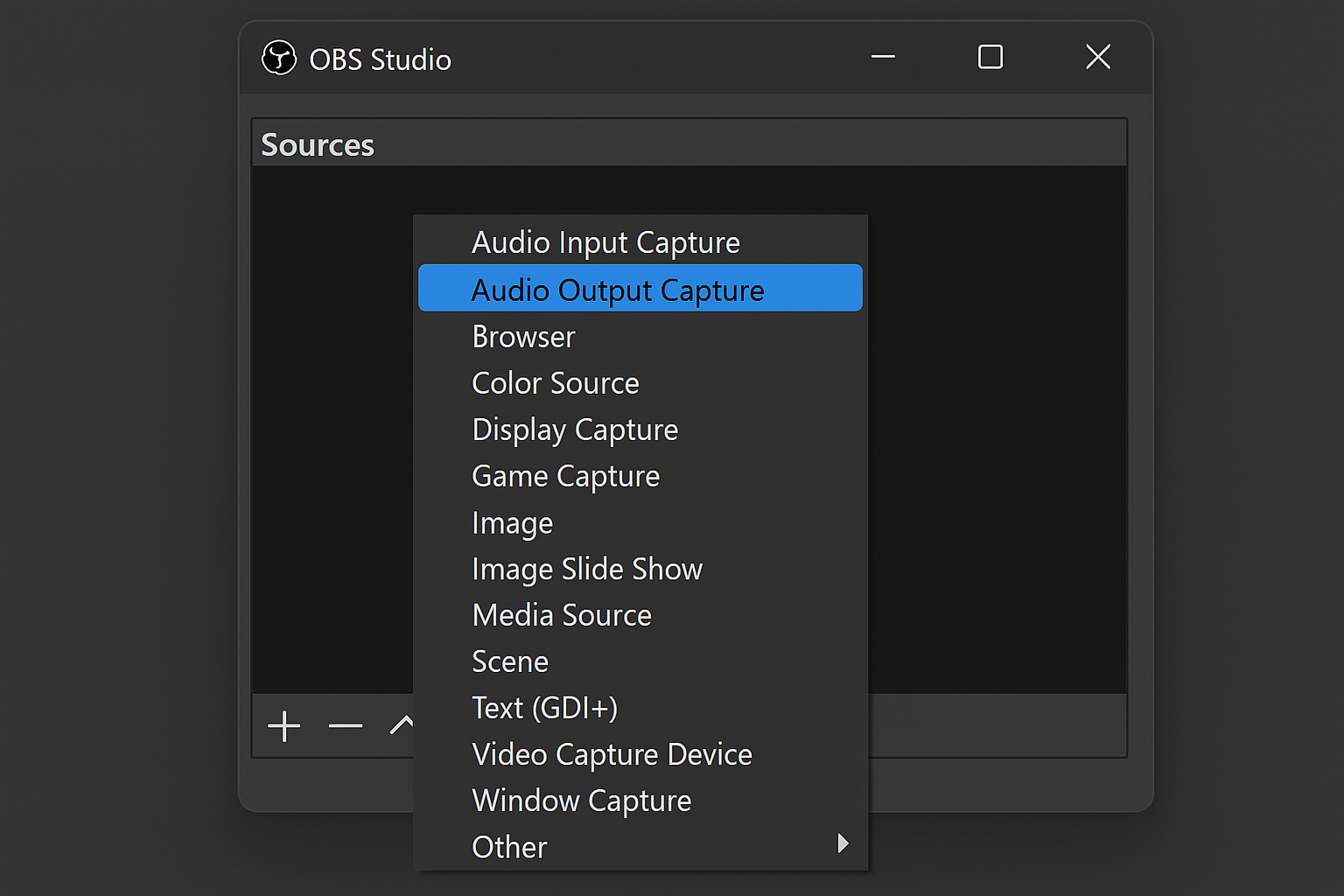 OBS Studio Sources panel with Audio Output Capture being added