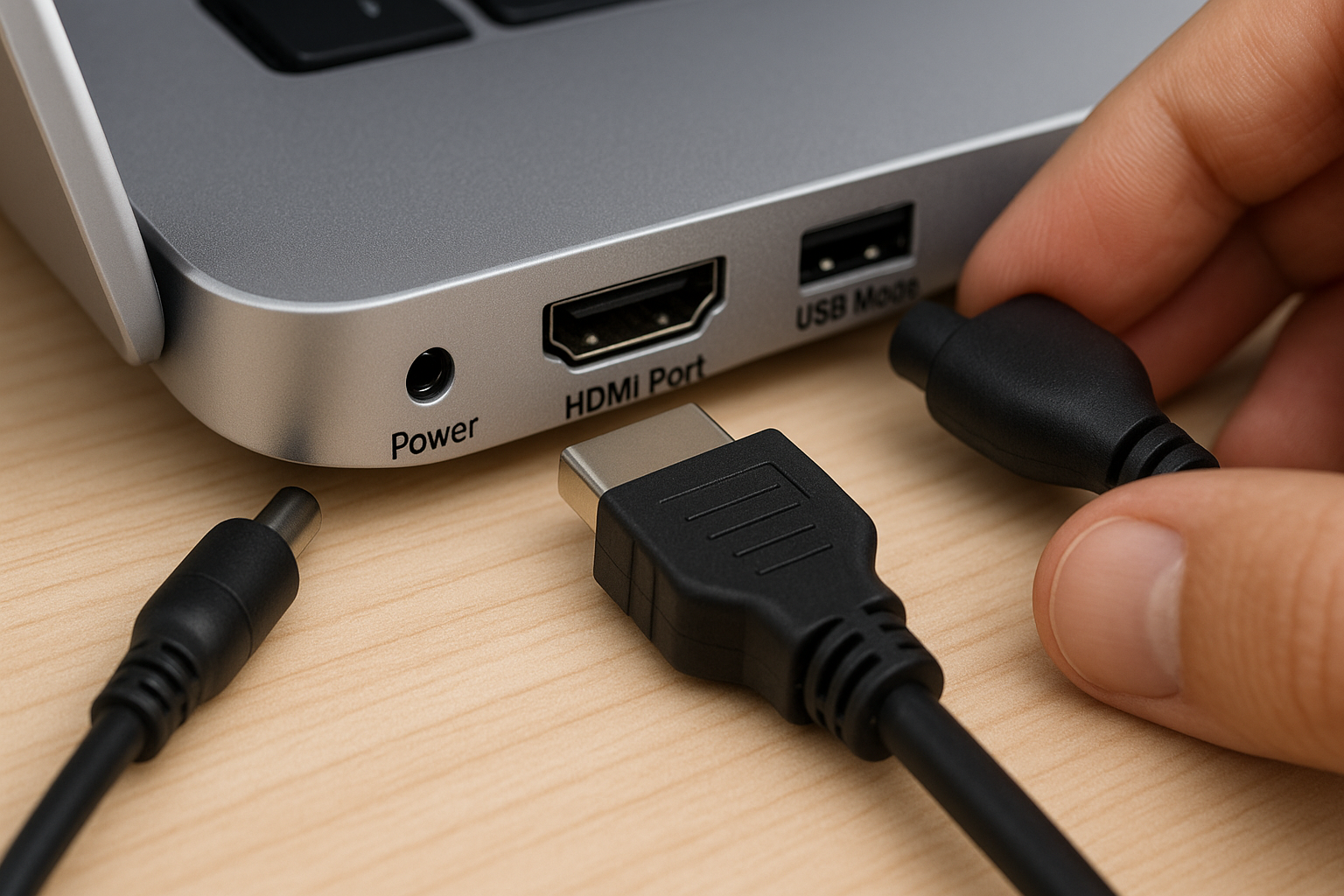 Laptop HDMI port with cable being connected