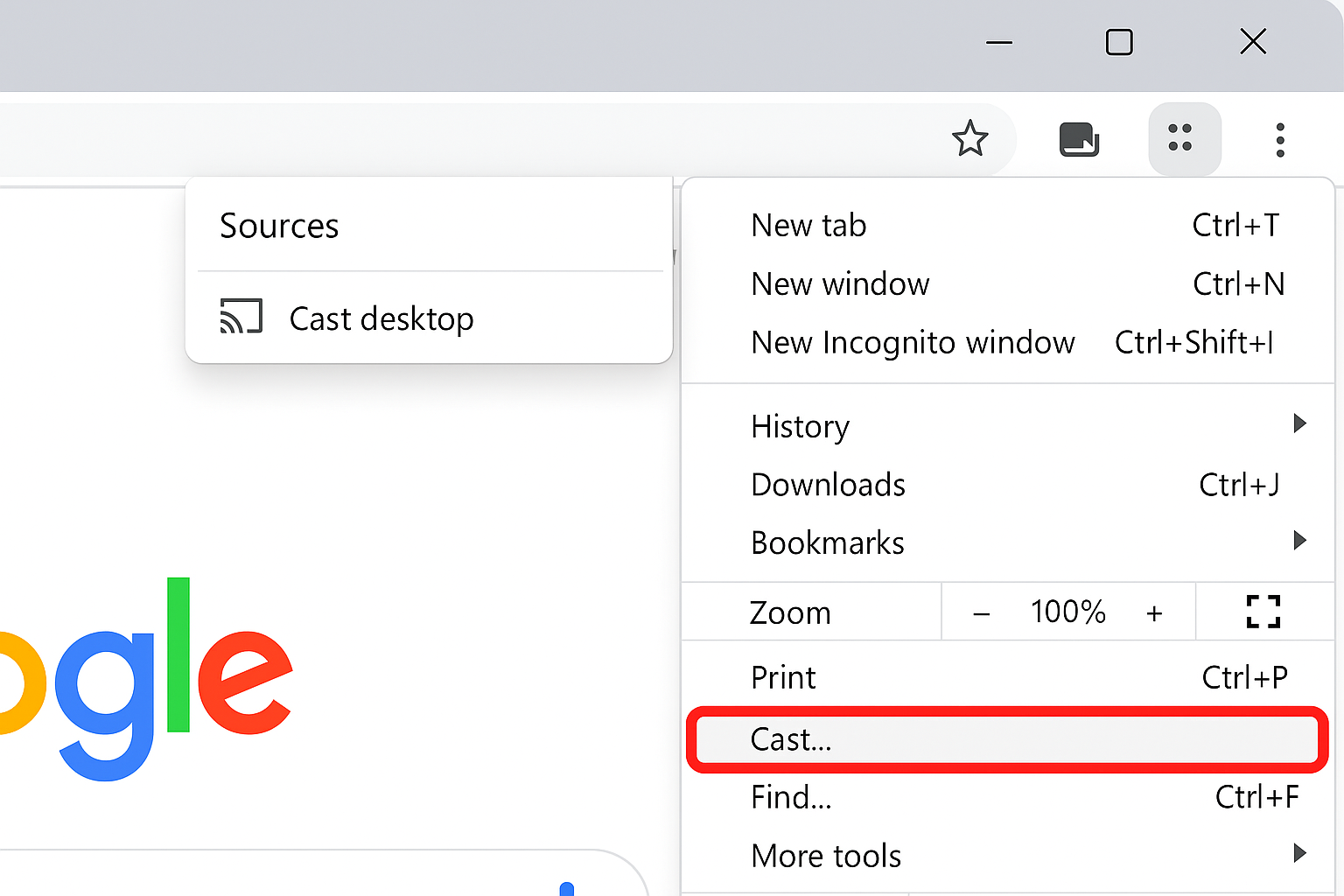 Chrome browser cast menu with Chromecast device listed