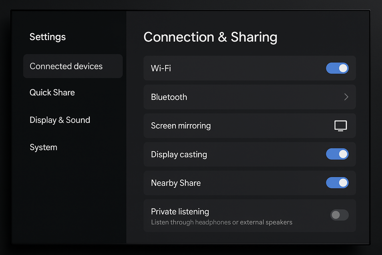 Smart TV settings menu showing screen mirroring option
