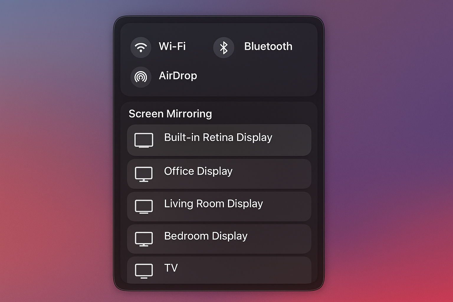 macOS Control Center with Screen Mirroring options visible