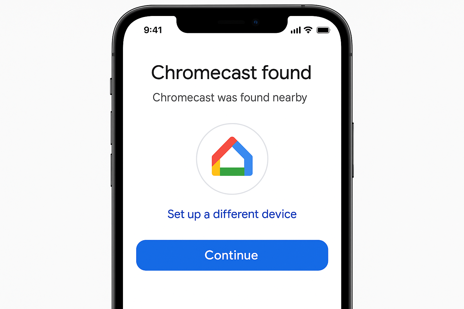 Google Home app showing Chromecast setup screen