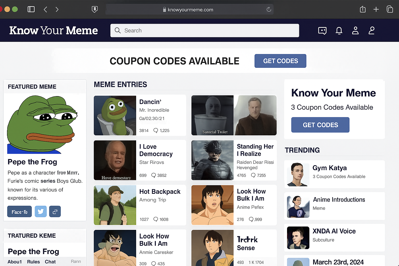 KnowYourMeme homepage showing current trending memes with detailed documentation