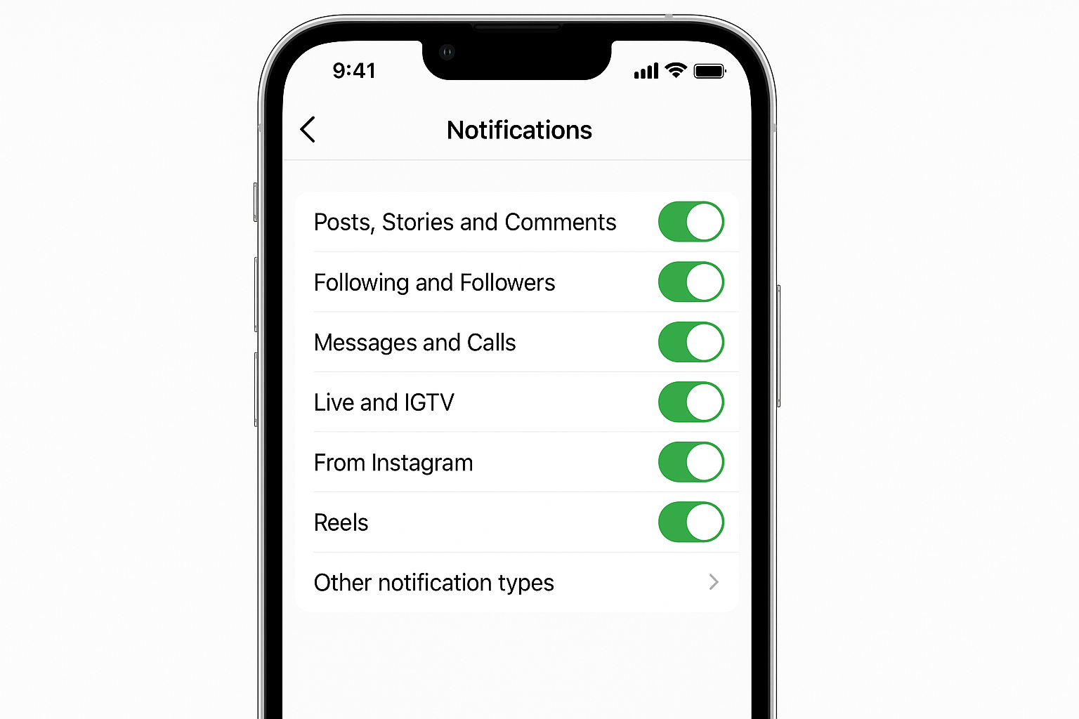 Instagram notification settings with Reels notifications enabled
