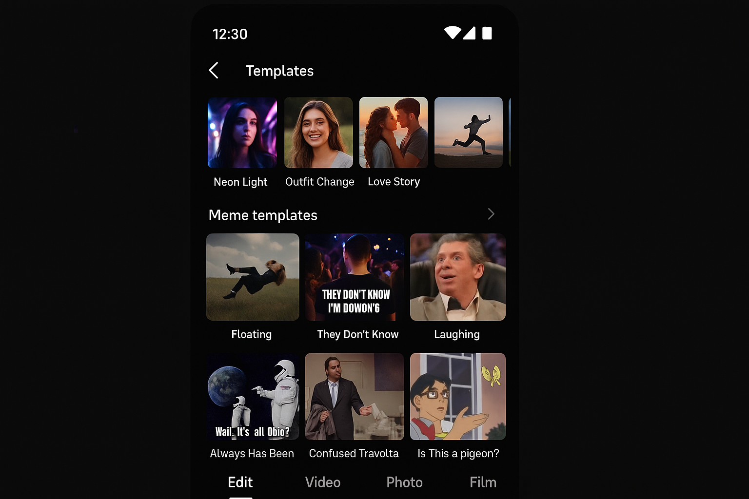 CapCut video editor showing trending audio options and meme templates