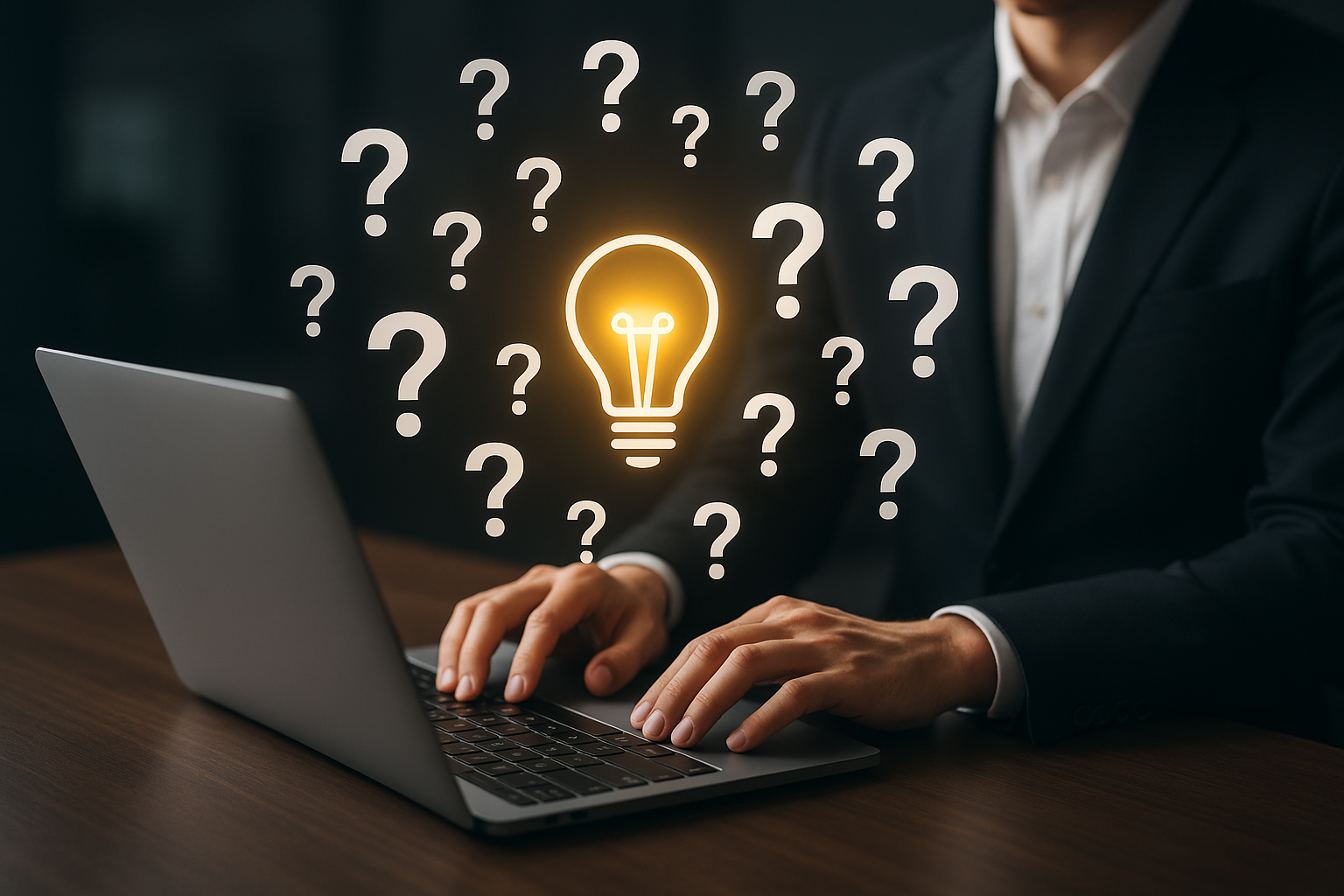 Person at desk with multiple devices showing question marks and lightbulb symbols above head